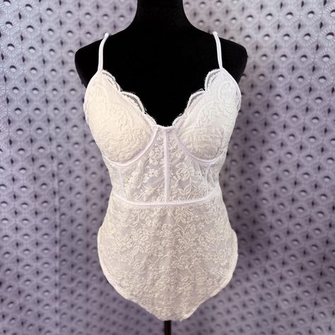 White lace bodysuit with adjustable straps... | Depop