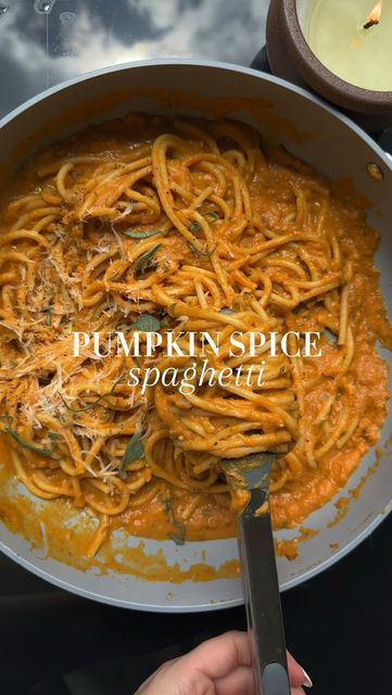 Danielle Brown | vegan recipes on Instagram: "save this PUMPKIN SPICE SPAGHETTI (15-minutes!)🧡🍝follow @healthygirlkitchen for more! 

Ingredients: 
2 tbsp olive oil 
1 tbsp minced garlic 
1 shallot, finely diced 
4 sage leaves, chopped 
1 tsp thyme fresh or dried 
1 tsp pumpkin spice 
2 tsp salt
1/2 tsp pepper
1 can pumpkin puree 
1/3 cup coconut cream 
3/4 cup pasta water 

1. Boil water for pasta in large pot and add in 8 oz spaghetti. I used bucatini!
2. In a large pan on medium heat, saute garlic and shallot in olive oil until fragrant and translucent. 
3. Add the sage, thyme and pumpkin spice, saute for another few minutes. 
4. Add salt pepper, pumpkin purse and coconut cream. Mix well! Stir and simmer for 5 more minutes. 
5. Add the pasta to the sauce and add saved pasta water. 
6. Can Pumpkin Puree, Danielle Brown, Can Pumpkin, 5 More Minutes, Pasta Water, Sage Leaves, Canned Pumpkin, Large Pots, Shallots