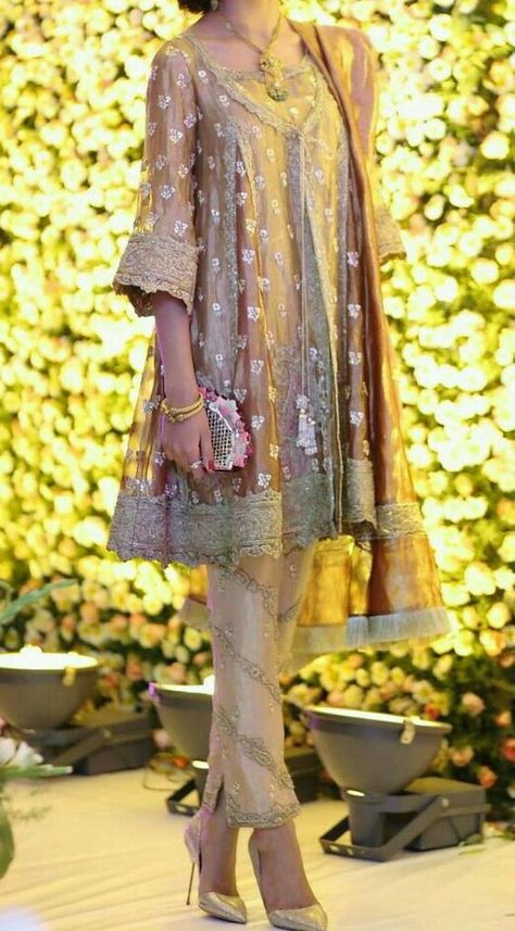 Short embroidered A line frock with embroidered pant A Line Frock, Short Frock, Pakistani Wedding Outfits, Embroidered Pants, Pakistani Wedding, Indian Dresses, Wedding Outfit, Party Wear, Kimono Top