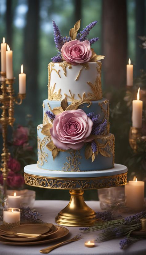 wedding cake with roses and lavender - AI creation Purple And Gold Wedding Cakes Elegant, Gold Wedding Cakes Elegant, Cake Pink And Purple, Teal Gold Wedding, Gold Wedding Cakes, Wedding Cake Pink, Roses And Lavender, Cake With Roses, Cakes Elegant