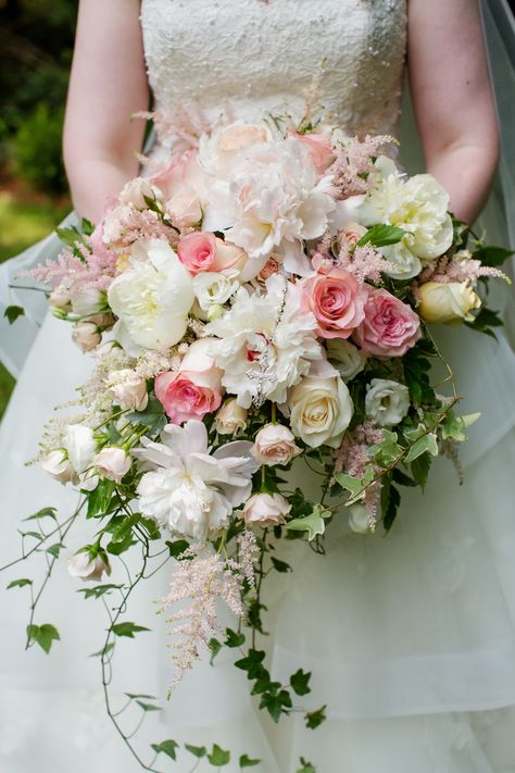 gorgeous ivory, pink and blush cascade bouquet Navy Wedding Bouquet, Pink Rose Wedding Bouquet, Ivory Bouquet Wedding, Blush Bouquet Wedding, Simple Beach Wedding, Fresh Wedding Flowers, Cascading Bouquet, Cascading Bridal Bouquets, Cascading Wedding Bouquets