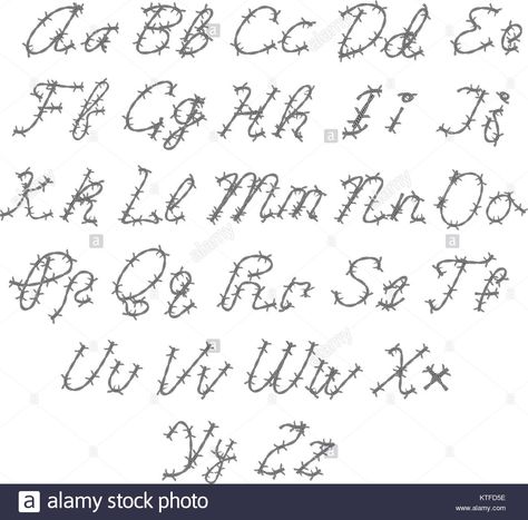 Download this stock vector: Barbed Wire Vector Font - Type - Alphabet. Capital and Lowercase Letters. - KTFD5E from Alamy's library of millions of high resolution stock photos, illustrations and vectors. Barbed Wire Drawing, Diy Initial Necklace, Wire Alphabet, Happy Halloween Font, Write Cursive, Wire Letters, Wire Jig, Name Drawings, Halloween Text