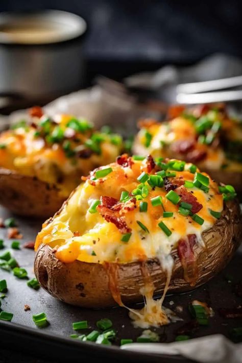 Baked Loaded Potatoes, Double Baked Potatoes, Loaded Potatoes, Thanksgiving Side Dishes Easy, Comforting Dinner, Stuffed Baked Potatoes, Baked Potato Recipes, Potato Recipes Side Dishes, Loaded Potato