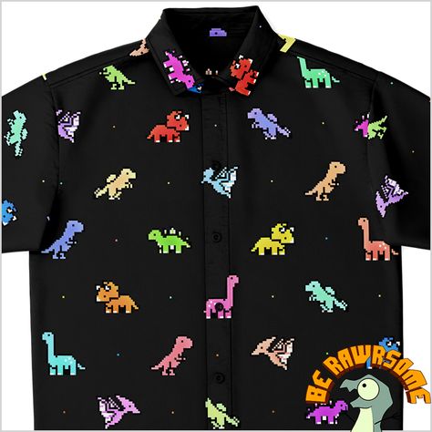 This fun and cool Dinosaur button-up shirt features a unique all-over-print pattern of adorable 8-Bit pixel Dinosaurs. Ideal for everyday wearing and looking Rawrsome! Cool Dinosaurs, Dinosaur Shirt, 8 Bits, 8 Bit, Button Shirt, Print Pattern, Button Up Shirt, Varsity Jacket, Button Up Shirts