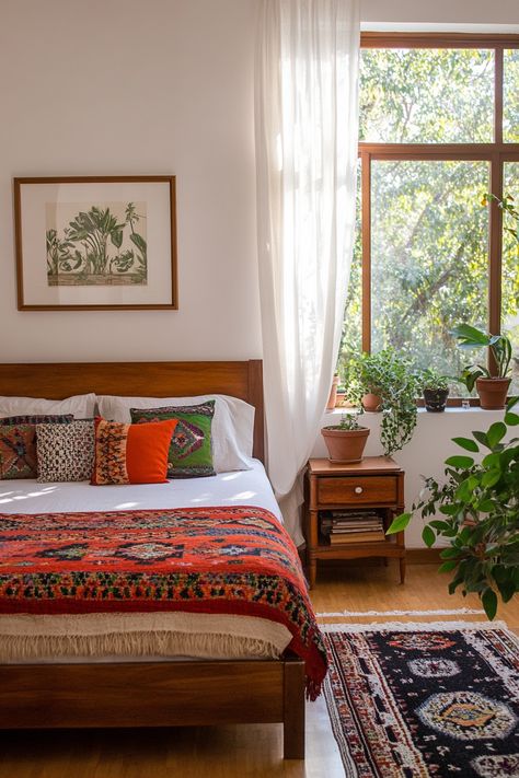 Goa Homes Interior, Bedroom Mexican Style, Mexico City Bedroom, Mexican Style Apartment, Modern Folk Aesthetic, Modern Folk Interior Design, Mexican Interior Design Modern, Colourful Bedroom Ideas, Chic Guest Bedroom