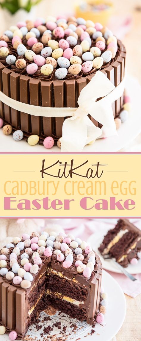 Easter KitKat Cake with Cadbury Cream Egg Filling | eviltwin.kitchen Cadbury Cream Egg, Kitkat Cake, Egg Cake, Easter Baking, Creamed Eggs, Easter Chocolate, Easter Dessert, Easter Cakes, Easter Brunch