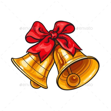 Golden Christmas bells with a red bow, cartoon vector illustration isolated on white background. Traditional pair of Xmas bells wi Christmas Bell Drawing, Christmas Bells Drawing, Christmas Decorations Drawings, Bell Drawing, Bow Cartoon, Red Bow Christmas, Santa Cartoon, Background Traditional, Xmas Bells