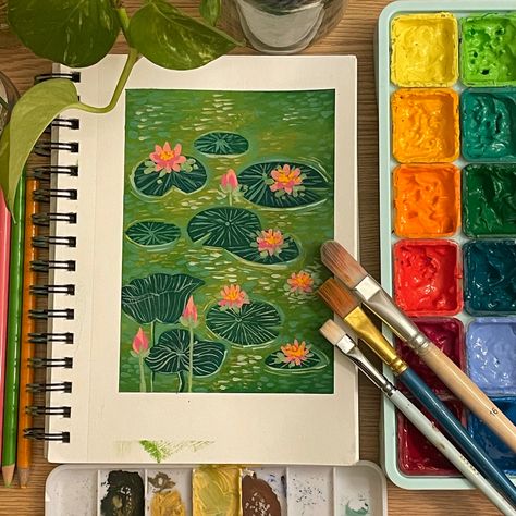 Gouache Illustrations Simple, Gouache Simple, Himi Gouache Art, Art Sketchbook Aesthetic, River Acrylic Painting, Lotus Pond Painting, Sketchbook Aesthetic, Pond Painting, Sketchbook Cover