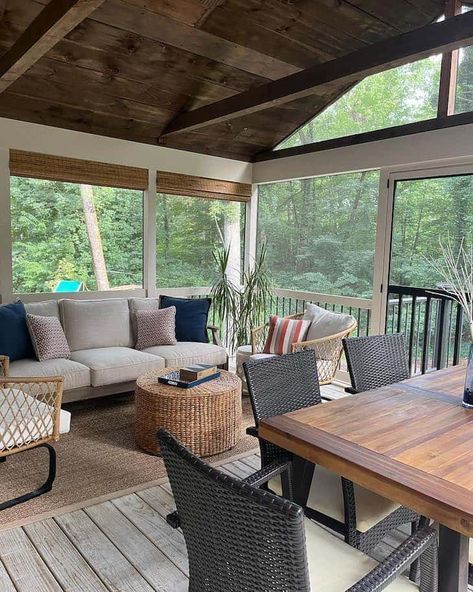 17 Screened In Porch Ideas for Year-Round Use - Farmhousehub Screened In Porch With Table And Couch, Patio Off Screened In Porch, Screen Porches Designs, Decorating A Screened In Back Porch, Decorating A Screened In Porch, 3 Season Screened Porch Ideas, Farmhouse Screened Porch Decor, Screened Outdoor Patio Ideas, Screen Porch Inspiration