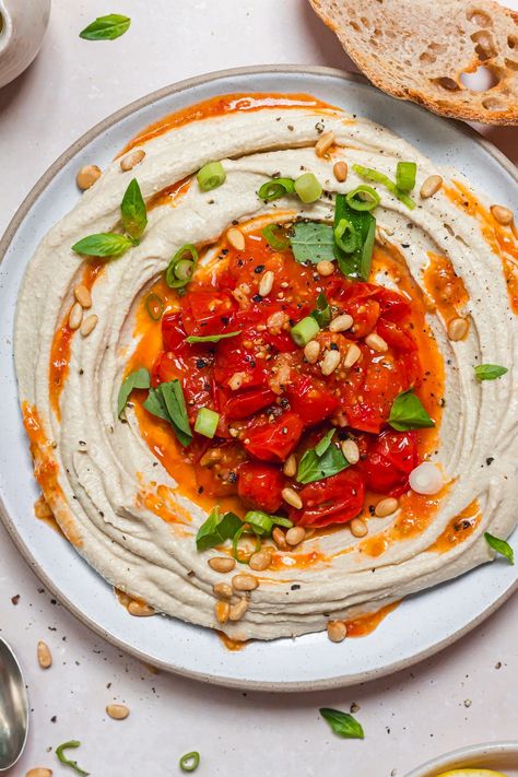 Whipped Tofu Butterbean Dip with Sticky Tomatoes (Vegan High-Protein) Whipped Tofu Dip, Whipped Tofu Recipes, Tofu Dip Recipes, Butterbean Dip, Whipped Tofu, Tofu Dip, Tofu Spread, Finger Foods Vegan, Vegan Swaps