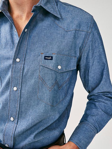 Wrangler Denim Shirt, Denim Long Sleeve Shirt, Wrangler Cowboy, Wrangler Cowboy Cut, Western Work, Wrangler Shirts, Long Sleeve Denim Shirt, Shirt Casual Style, The Cowboy