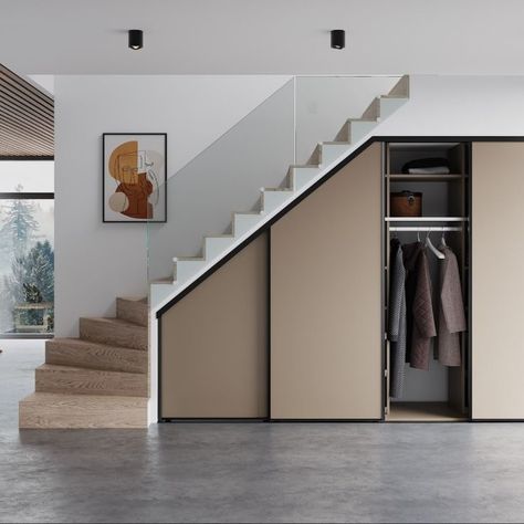 A combination of white, beige and darker colour tones accentuates the elegance of the rooms. Master Suite Floor Plan, Stair Design Architecture, Loft Staircase, Staircase Storage, Understairs Storage, Attic Rooms, Interior Define, Stair Storage, Storage Design