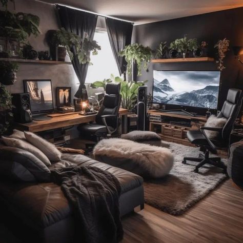 Gaming Home Decor, Man Cave Office Ideas Rustic, Geek Office Ideas, Cozy Gamer Office, Home Work Office Ideas, Home Office In Apartment, Moody Gaming Room, Dark Cozy Gaming Setup, Gaming Office Setup