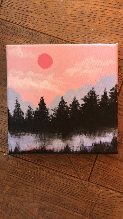 Pink Sunset Mountains, Pottery Painting Scenery, Pink Sunset Painting, Mountain Sunset Painting, Sunset Paintings, Drawing Sky, Planet Painting, Sunset Canvas Painting, Planet Drawing