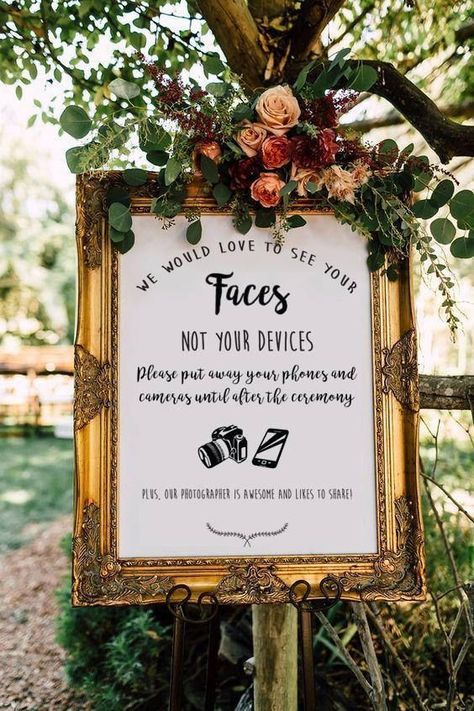 Eye-catching signage for an unplugged wedding ceremony. DIY Wedding Ideas | Rustic Wedding Decorations | Elegant Wedding Decor on a Budget |  #wedding #weddingideas #rusticwedding #weddingdecorations #diywedding Unplugged Wedding Sign, Rustic Wedding Decorations, Wedding Ceremony Ideas, Wedding Decorations On A Budget, Unplugged Wedding, Rustic Wedding Diy, Future Wedding Plans, Wedding Decor Elegant, Wedding Guide