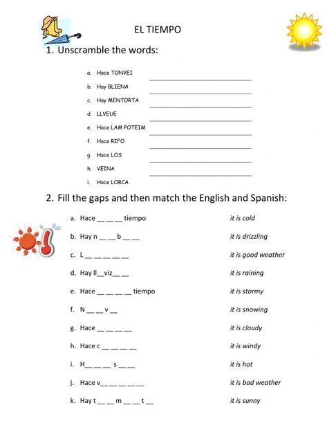 Spanish Weather Worksheets, Weather Spanish, Spanish Weather, Weather Worksheets, Weather Vocabulary, Homeschool Spanish, Spanish Lessons For Kids, Middle School Spanish, Spanish Immersion