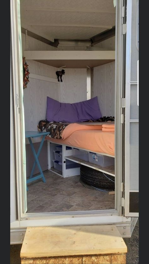 Bumper Pull Horse Trailer Living Quarters Diy, Bumper Pull Living Quarters, Bumper Pull Horse Trailer Conversion, Horse Trailer Interior Remodel, Bumper Pull Horse Trailer, Horse Trailer Organization, Diy Bumper, Horse Camping, Horse Tack Rooms