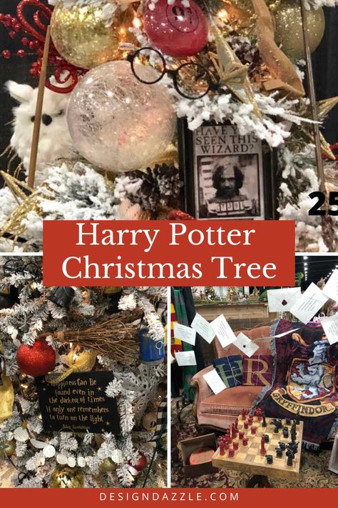 Harry Potter Themed Christmas Tree, Harry Potter Tree Topper, Harry Potter Christmas Tree Ideas, Harry Potter Themed Christmas, Unique Christmas Trees Themes, Hp Christmas, Harry Potter Christmas Ornaments, Harry Potter Christmas Decorations, Harry Potter Ornaments