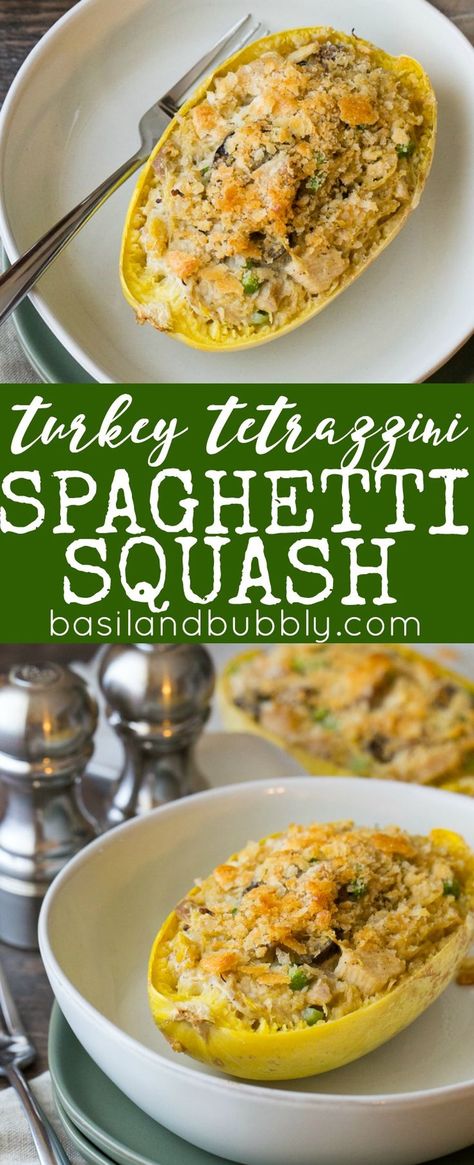 Leftover turkey tetrazzini is like a healthy casserole in its own bowl! It's creamy like a pot pie, and packed full of vegetables to use up leftovers. This easy recipe tells you exactly what to do to cook the spaghetti squash. Spaghetti Squash Boats, Spaghetti Squash Boat, Turkey Spaghetti, Squash Boats, Healthy Casserole, Turkey Tetrazzini, Chicken Tetrazzini, Leftover Turkey Recipes, Spaghetti Squash Recipes