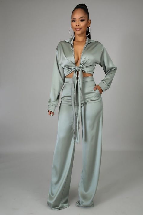 Silk Two Piece Outfit Pants, Two Piece Skirt Set Classy, Silk Two Piece Outfit, Silk Satin Outfit, Two Piece Outfits Pants, Sage Pants, Satin Outfits, Gown Styles, Effortlessly Chic Outfits