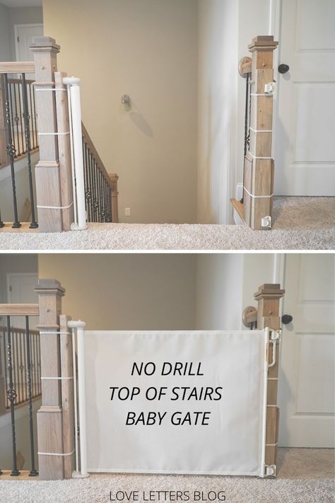 Get the details for our top of stairs baby gate solution with no drilling into your newel posts! Staircase Gate Ideas, Baby Gate For Stairs With No Wall, Baby Gates For Stairs With Banister, Diy Gate For Stairs, Childproofing Stairs, Baby Gate Stairs, Baby Gate Alternative, Diy Baby Gate For Stairs, Baby Proofing Stairs