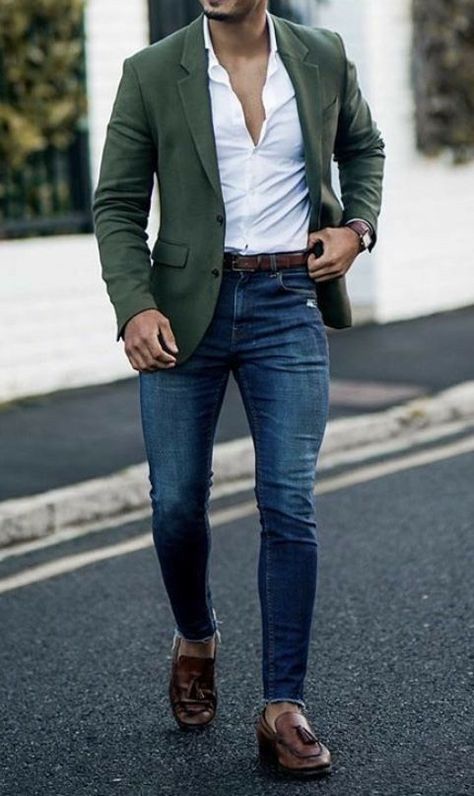 Dark Green Sports Coat Men, Mens Green Sport Coat Outfit, Sports Coat And Jeans Mens, Olive Green Blazer Outfit Men, Denim With Blazer, Suit Jacket And Jeans Mens, Green Blazer For Men, Green Blazer Mens, Mens Blazer Styles Classy