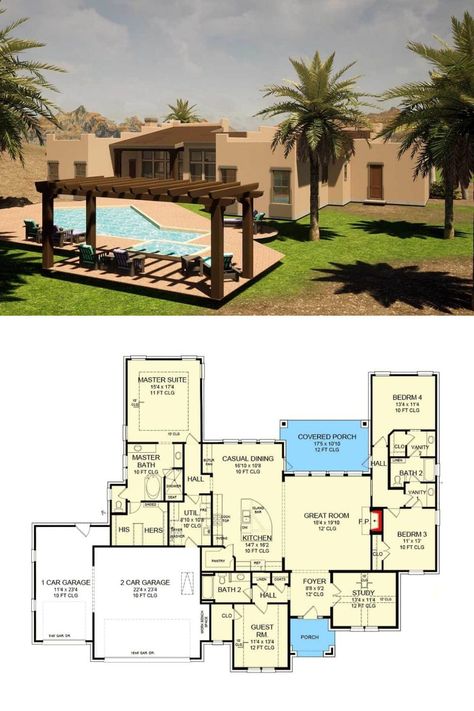 New Mexico House Plans, Modern Desert House Plans, Adobe House Floor Plans, Adobe Style Homes Exterior, Pool Floor Plan, Adobe House Exterior, Desert House Plans, Adobe House Plans, Adobe Style Homes