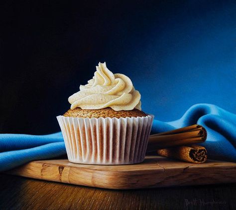 Cinnamon Cupcake oil still life by the artist Brett Humphries Oil Still Life, Cupcake Painting, Cinnamon Cupcakes, Raspberry Cupcakes, Cupcake Photos, Ginger Biscuits, Still Life Paintings, Still Lifes, Blueberry Pancakes