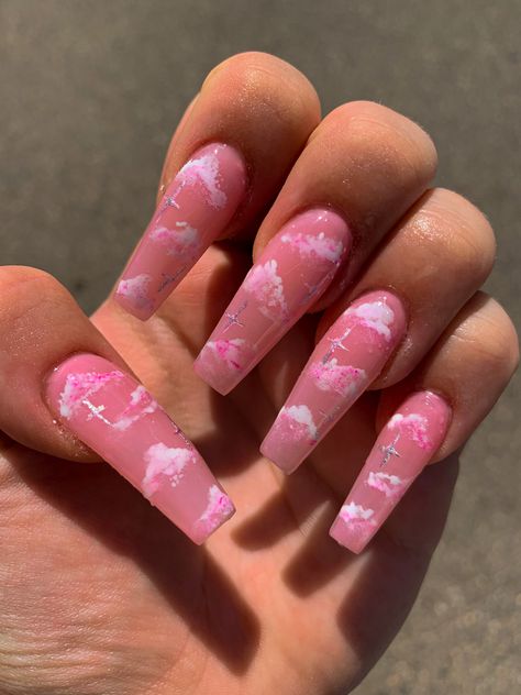 Pink cloud acrylics with stars✨ #acrylic #acrylicnails #acrylicnaildesigns #pinkacrylicnails #acrylicnailart #acrylicnailscoffin #nails #nailart #naildesigns #nailideas #nailartdesigns #nailartideas #nailtutorial Cloud Acrylic Nails, Mickey Nails, Cute Pink Nails, Girly Acrylic, Pretty Nail Colors, Subtle Nails, Glamour Nails, Pink Cloud, Girly Acrylic Nails