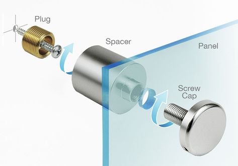 Most of our modular sign supports are supplied as a three-part fitting with a standoff spacer/barrel, a wall anchor, and a front screw-cap. The screw caps/studs included with the standoff-set come with M4, M6 and M8 threads that vary from standoff diameter, style and material. Plexiglass Ideas, Plexiglass Art, Glass Signage, Glass Handrail, Plexiglass Wall, Glass Railing System, Architectural Signage, 3d Cnc, Modular Walls