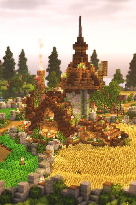 Farm Field Minecraft, Nature Minecraft House, Different Minecraft Building Styles, Minecraft Farm Building, Minecraft Medieval Village Decorations, Minecraft Farming Village, Tiaga Biome House Minecraft, Minecraft House Styles, Medieval Farm Minecraft