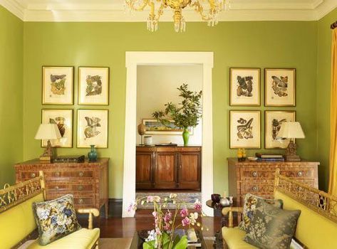 The Southern Hospitality of New York Designer Thomas Jayne Nola House, Delta House, Narrow Sofa Table, Chintz Pattern, Green Living Room, Chartreuse Color, Trellis Wallpaper, Bunny Williams, Yellow Curtains