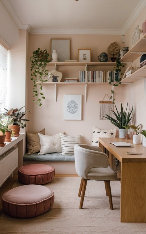 Soft Office Aesthetic, Mauve Office Ideas, Meditation Room Decor Ideas, Office Meditation Room, Zen Office Space, Office Decoration Ideas, Zen Office, Wellness Room, Best Home Office