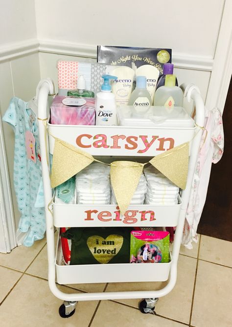 Baby/nursery rolling diaper cart. Diaper Cart Gift, Nursery Rolling Cart Ideas, Baby Shower Cart Gift, Rolling Cart Baby Shower Gift, Baby Shower Cart, Diaper Cart, Baby Cart, Shower Baskets, Cole Baby