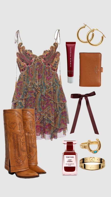 summer outfit, spring outfit, country outfit, concert outfit, zach bryan concert outfit, show outfit, boots outfit, cowboy boots, dress Cowboy Dress Outfit, Folk Country Outfit, Wyatt Flores Concert Outfit, Ashe Concert Outfit, Little Big Town Concert Outfit, Kacey Musgraves Outfit Concert, Billy Strings Concert Outfit, Outfits For Austin Texas, Hozier Aesthetic Outfit Concert