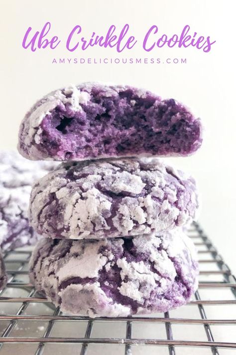 These Ube Crinkle Cookies are a fun twist on classic crinkle cookies. They are soft, moist, and have a subtle ube flavor. My take on these cookies include some mashed purple yam to help keep these cookies moist! Ube Crinkles Cookies Recipe, Crinkle Cookies Cake Mix, Ube Crinkle Cookies, Ube Crinkles, Crinkles Recipe, Nutella Cookie, Ube Recipes, Filipino Food Dessert, Crinkle Cookies Recipe