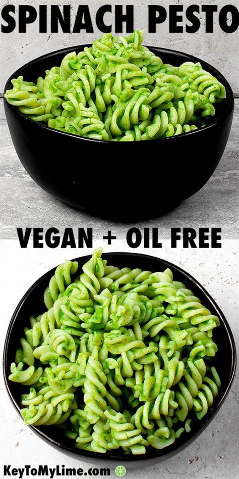 This spinach pesto recipe is so healthy and so easy! It’s SO good. I love that there’s no oil or dairy in it, and that it’s more affordable than traditional basil pesto! #spinachpasta #spinachpesto #veganpesto #pesto | keytomylime.com Vegan Oil Free Sides, Oil Free Meals Clean Eating, Vegan Spinach Pesto Recipe, Vegan Oil Free, Pesto Vegan, Asian Vegetarian Recipes, Healthy Oil, Spinach Pesto, Vegan Spinach