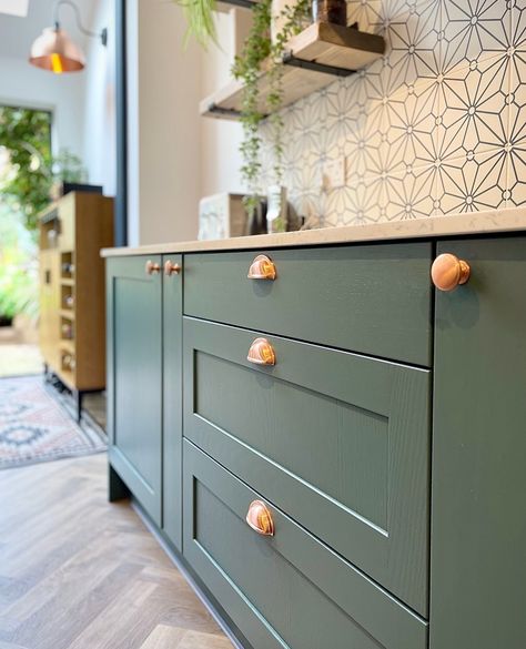 Tiles To Match Sage Green Kitchen, Bottle Green Kitchen Cabinets, Green Cabinets Copper Hardware, Wrapped Kitchen Cupboards, Sage And Copper Kitchen, Copper And Green Kitchen, Green And Copper Kitchen, Coloured Kitchen Cabinets, Vinyl Wrap Kitchen