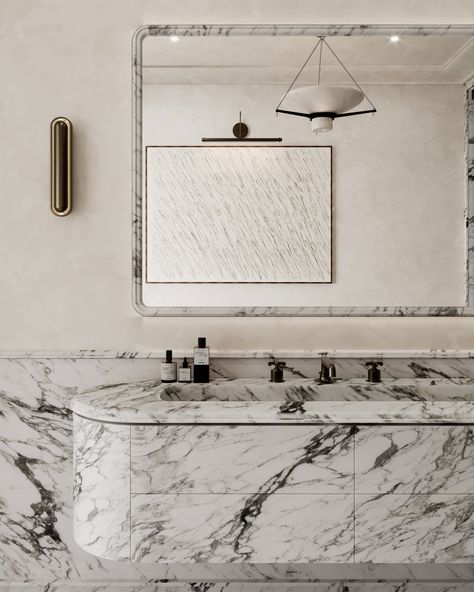 It seems like in London, it's not only pouring rain but also marble. ⁠ ⁠ Entirely wrapped in marble from the vanity to the shower, this… | Instagram Half Wall In Bathroom, Half Wall Bathroom, Banda Property, Chrome Shower Door, Bypass Shower Door, Shower Cabinets, Black Shower Doors, Shower Sliding Glass Door, Framed Shower Door