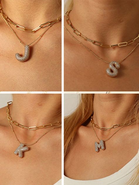 2pcs A-Z Bubble Letter Necklace Gold, Layered Balloon Initial Necklaces Rhinestone Letter Pendant Chain Layering Necklaces For Women Jewelry Gift Gold Fashionable   Copper     Women Fashion Jewelry, size features are:Bust: ,Length: ,Sleeve Length: Bubble Letter Necklace, Letter Necklace Gold, Chain Layering, Bubble Letter, Initial Necklaces, Rhinestone Letters, Gold Letter Necklace, Layering Necklaces, Bubble Letters