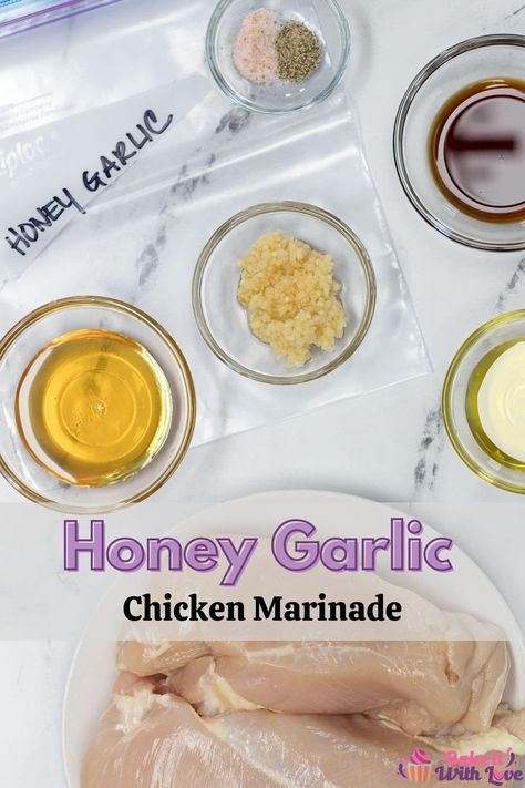 This incredibly easy Honey Garlic Chicken Marinade delivers big flavor with few ingredients to make your chicken dinner anything but boring! Just simple, common pantry items like honey, olive oil, soy sauce, and garlic is all it takes to find your next family favorite go-to dinner! Freezer-friendly & easy meal prep!! bakeitwithlove.com | #bakeitwithlove #honeygarlicchickenmarinade #easy #best #recipe #chickenmarinades #breasts #thighs #wings #kabobs #baked #grilled #roasted #soysauce #freezer Diy Chicken Marinade Homemade, Honey Lemon Marinade For Chicken, Honey Soy Sauce Chicken Marinade, Honey Chicken Marinade For The Grill, Diy Chicken Marinade, Chicken Marinade Honey Garlic, Chicken Honey Marinade, Soy Sauce Honey Garlic Marinade, Fast Marinade For Chicken