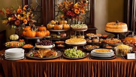 Thanksgiving Food Buffet Setup, Thanksgiving Buffet Setup Small Space, Thanksgiving Catering Display, Thanksgiving Dinner Buffet Setup, Thanksgiving Food Display Ideas, Thanksgiving Event Decor, Buffet Table Decor Ideas Food Displays, Thanksgiving Serving Table Ideas, Thanksgiving Buffet Table Decor