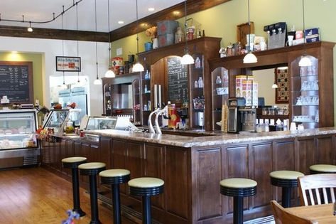 Ice Cream Soda, Lunch Places, Old Fashioned Ice Cream, Stone Creek, Stair Railings, Old Gas Stations, Reclaimed Oak, Soda Fountain, Ice Cream Parlor