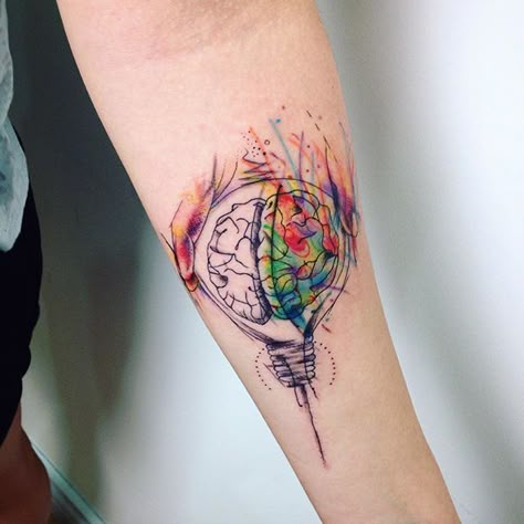 Brain Lightbulb, Watercolor Brain, Lgbt Tattoo, Lamp Tattoo, Brain Tattoo, Awareness Tattoo, Western Tattoos, Tattoo For Son, Infinity Tattoos