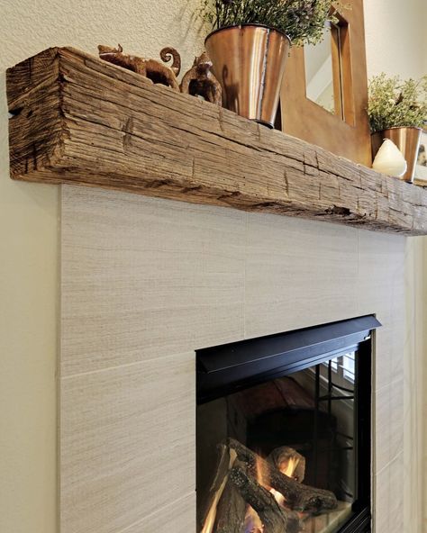 Rustic Beam Fireplace Mantle, Raw Wood Fireplace Mantle, Fireplace With Timber Mantle, Thick Wood Mantle, Knotty Pine Fireplace Mantle, Flush To The Wall Fireplace, Reclaimed Beam Mantle, Redoing Mantle Diy Fireplace, Brick Fireplace With Floating Mantle