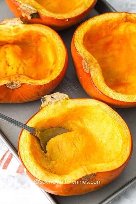 Learn how to roast a whole pumpkin in the oven with this easy to follow recipe. Make it into a pumpkin puree and use to cook everything from pumpkin soup to pumpkin pie! #spendwithpennies #roastpumpkin #pumpkinpuree #fall #healthyrecipe #sugarpumpkins Making Pumpkin Puree, Roasted Pumpkin Recipes, Pumpkin Soup Easy, Yummy Veggies, No Bake Pumpkin Cheesecake, Cooking Pumpkin, Sweet Potato And Apple, Spend With Pennies, Pumpkin Chocolate Chip Cookies