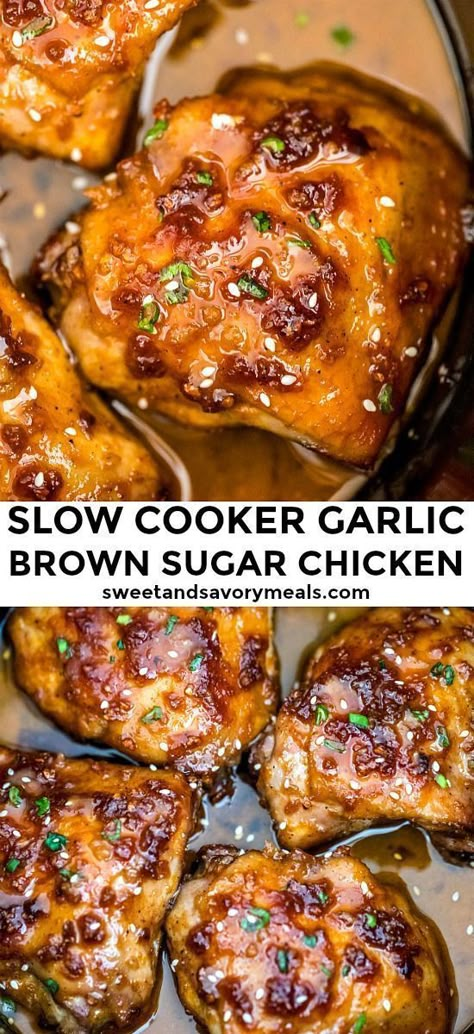 Slow Cooker Brown Sugar Garlic Chicken is the perfect weeknight meal. Simply put the ingredients in the crockpot and you will end up with the best chicken dish ever! #slowcooker #crockpot #crockpotrecipes #sweetandsavorymeals #chickenfoodrecipes Garlic Chicken Crockpot, Brown Sugar Garlic Chicken, Best Chicken Dishes, Garlic Brown Sugar Chicken, Crockpot Chicken Thighs, Chicken Cooker, Brown Sugar Chicken, Chicken Food Recipes, Brown Chicken