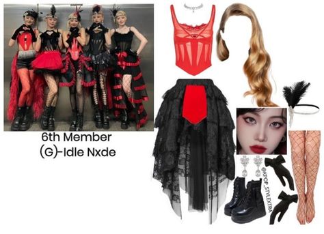 Nxde G-idle Outfit Inspired, G Idle Outfit Inspired, Gidle 6th Member Outfits, Gidle Nxde, Korean Outfits Kpop, Kpop Concert Outfit, Midnight Rose, Performance Outfits, 2000s Clothes