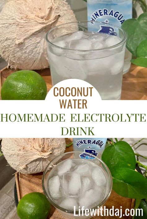 Coconut Water Lime Drink, Homemade Electrolyte Drink Coconut Water, Coconut Lime Water, Salt And Electrolyte Water, Coconut Water Electrolyte Drink, Healthy Tonics, Lime Water Recipe, Lime Infused Water, Electrolyte Drink Recipe