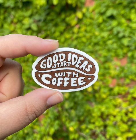 Coffee sticker - a reminder that good ideas start with a cup of coffee. #coffee #coffeelover . #Coffee_Stickers_Aesthetic #Coffee_Shop_Stickers #Stickers_Cafe #Coffee_Sticker_Design Coffee Shop Sticker Design, Coffee Stickers Aesthetic, Coffee Stickers Printable, Stickers Cafe, Coffee Cup Sticker, Coffee Sticker Design, Uni Aesthetic, Coffee Printable, Coffee Pins